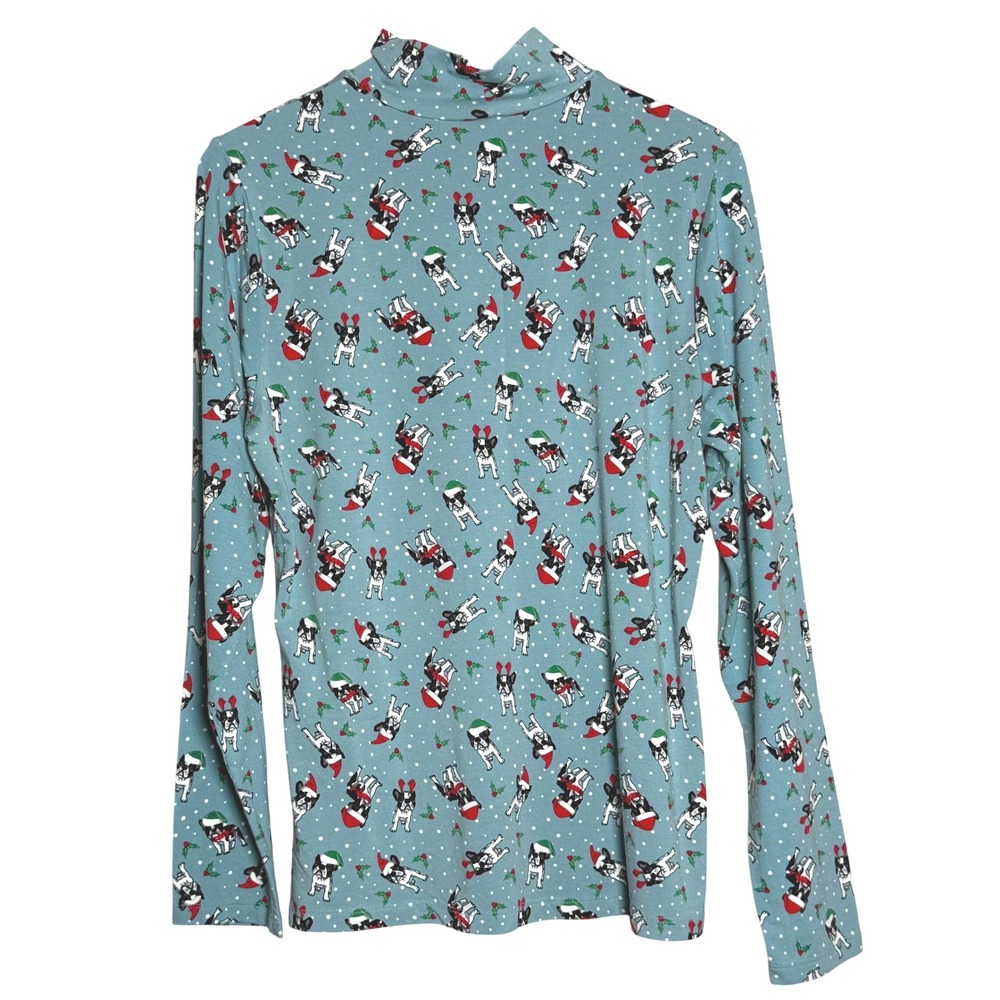 Time and Tru Womensā Turtleneck Shirt XL Blue Christmas English Bulldog Holly